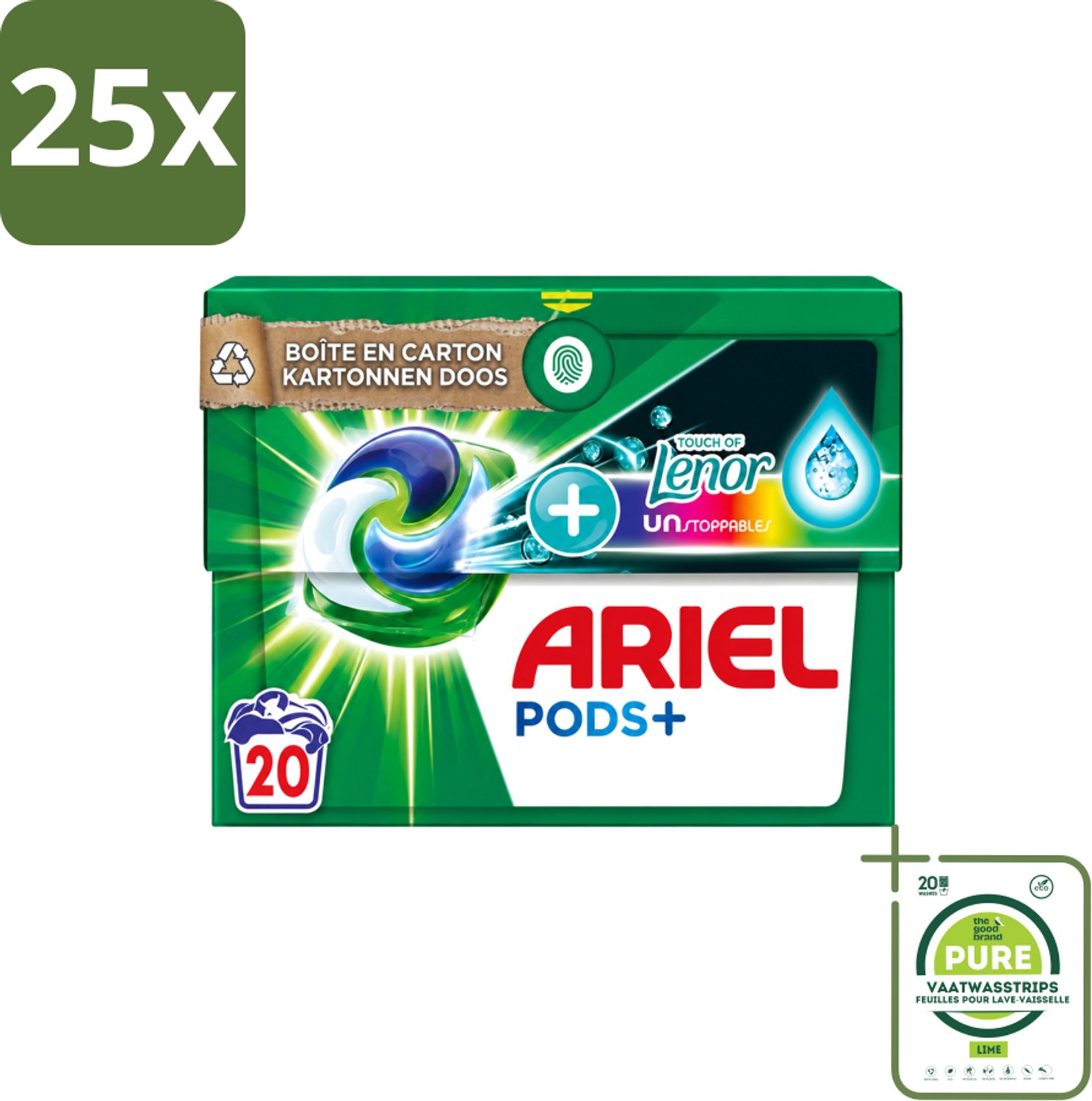 25 x Ariel Original - Touch of Lenor Unstoppables - Wasmiddelcapsules - Pods+ - Gekleurde Was - 20 Wasbeurten - Grootverpakking - Vaatwasstrips - Wasmiddel Capsules - Gekleurde Was - Frisse Geur - Koud Water Was - Vlekverwijdering