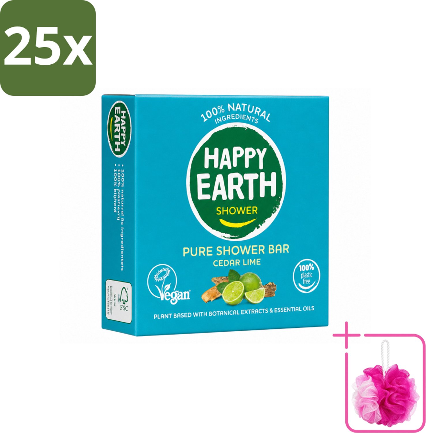 25 x Happy Earth – Shower Bar – 100% Natuurlijk Cedar Lime – 90 g - Bulkverpakking - Douchebar - Douchemop - Natuurlijke douche