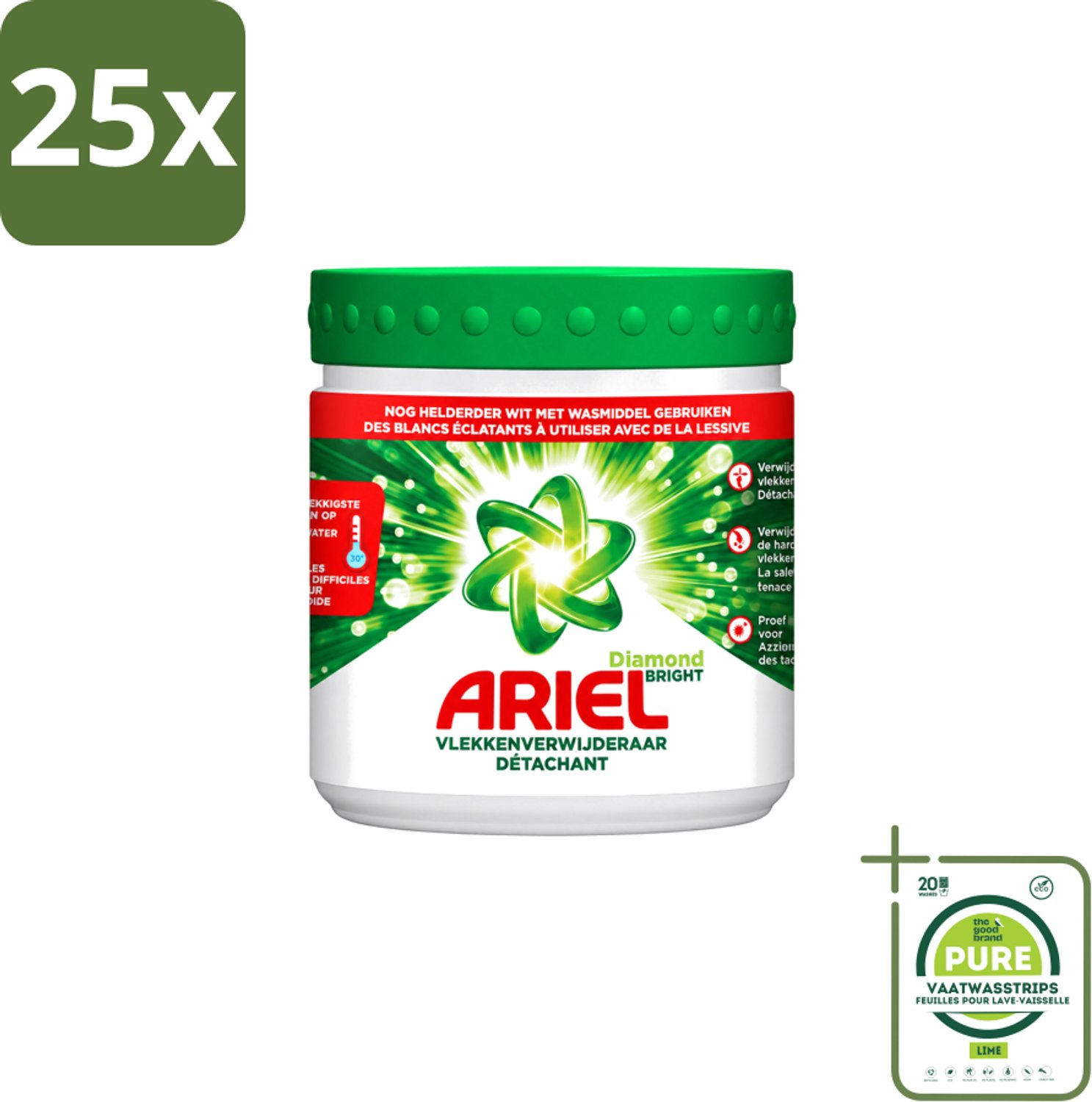 25 x Ariel Diamond Bright - Vlekverwijderaar Poeder - Witte Was - 30 Wasbeurten - Grootverpakking - Vaatwasstrips - Vlekverwijderaar - Witte Was - Koud Water - Vlekken Verwijderen - Waspoeder