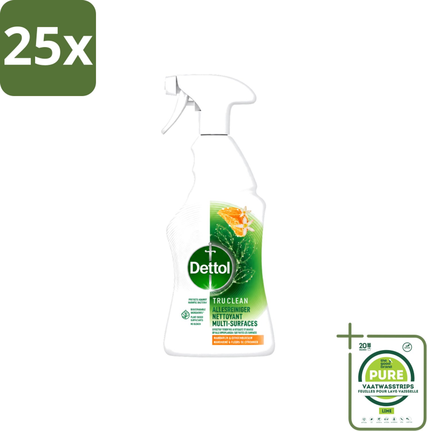 25 x Dettol Tru Clean - Allesreiniger - Spray - Mandarijn & Citroenbloesem - Multi-Oppervlakken - 500ml - Grootverpakking - Vaatwasstrips - Allesreiniger - Reinigen - Kalkaanslag - Vuil - Natuurlijke Ingrediënten