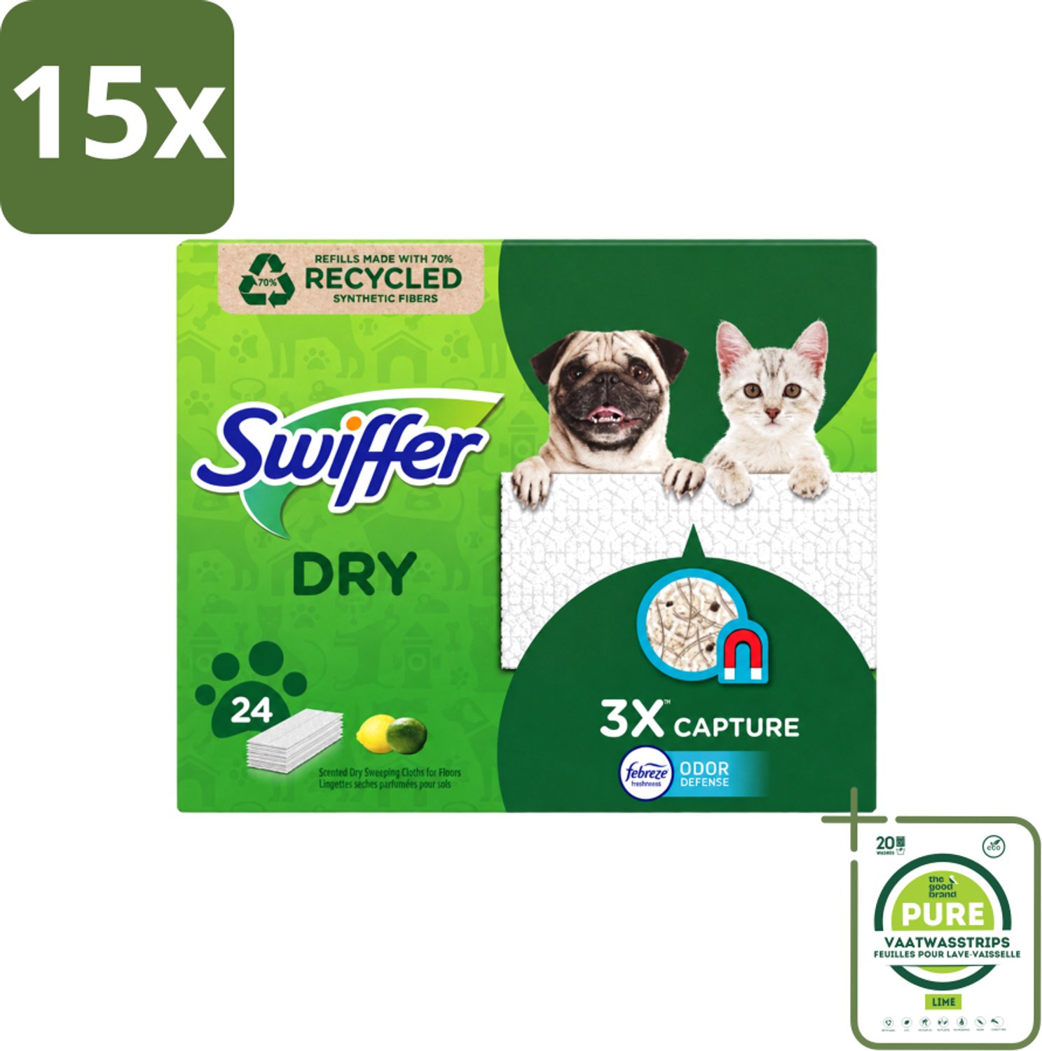 15 x Swiffer Dry - Vloerdoekjes - Navulling - Febreze Citroengeur - 24 Doekjes - Grootverpakking - Vaatwasstrips - Vloerdoekjes - Schoonmaken - Stof Vangen - Vuil Vangen - Haren Vangen