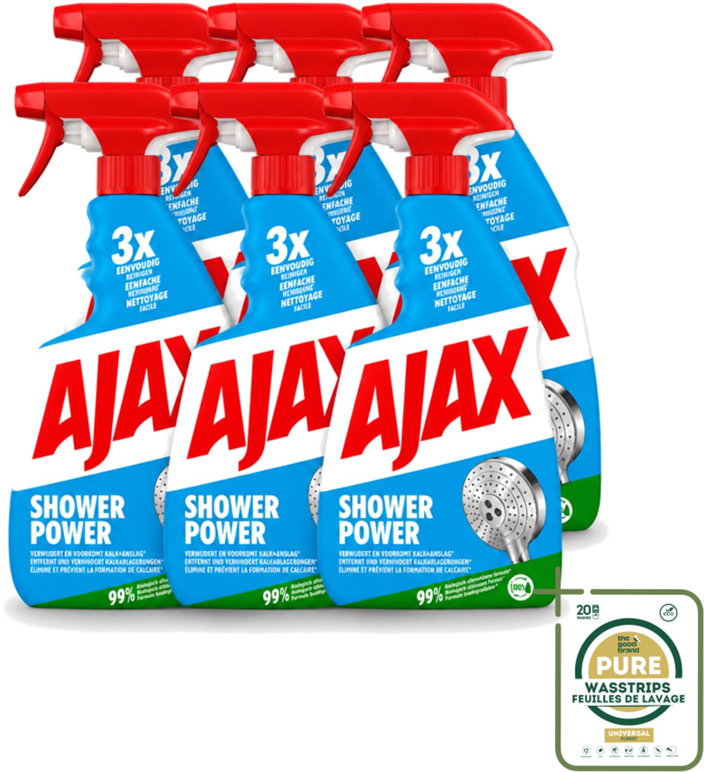 6 x Ajax – Spray – Shower Power – 750 ml - Wasstrips - Badkamer Reinigen - Kalkaanslag Verwijderen - Zeepresten Verwijderen - Douchewand Reinigen - Badkuip Reinigen