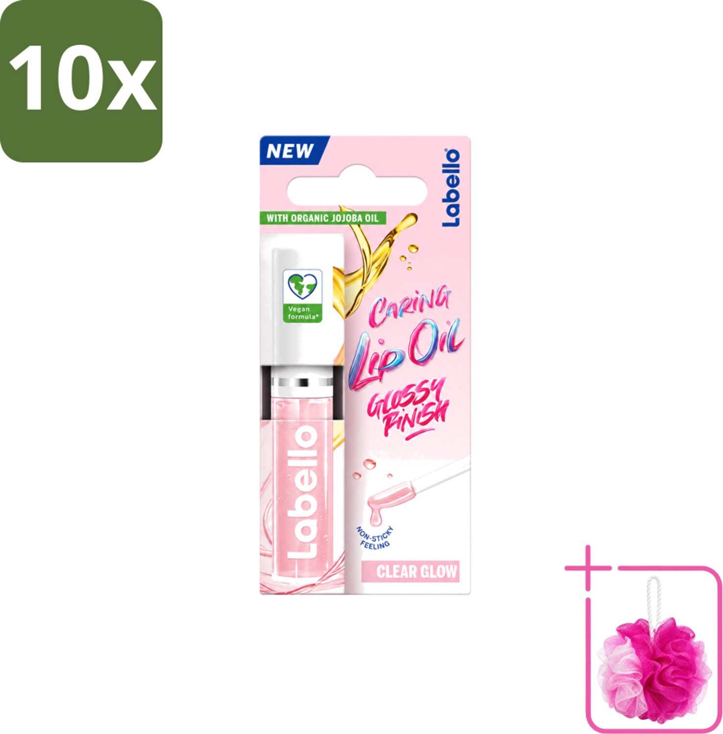 10 x Labello –Caring Lip Oil – Clear Glow – 5,5 ml - Bulkverpakking - Lippenbalsem - Douchemop - Lipolie