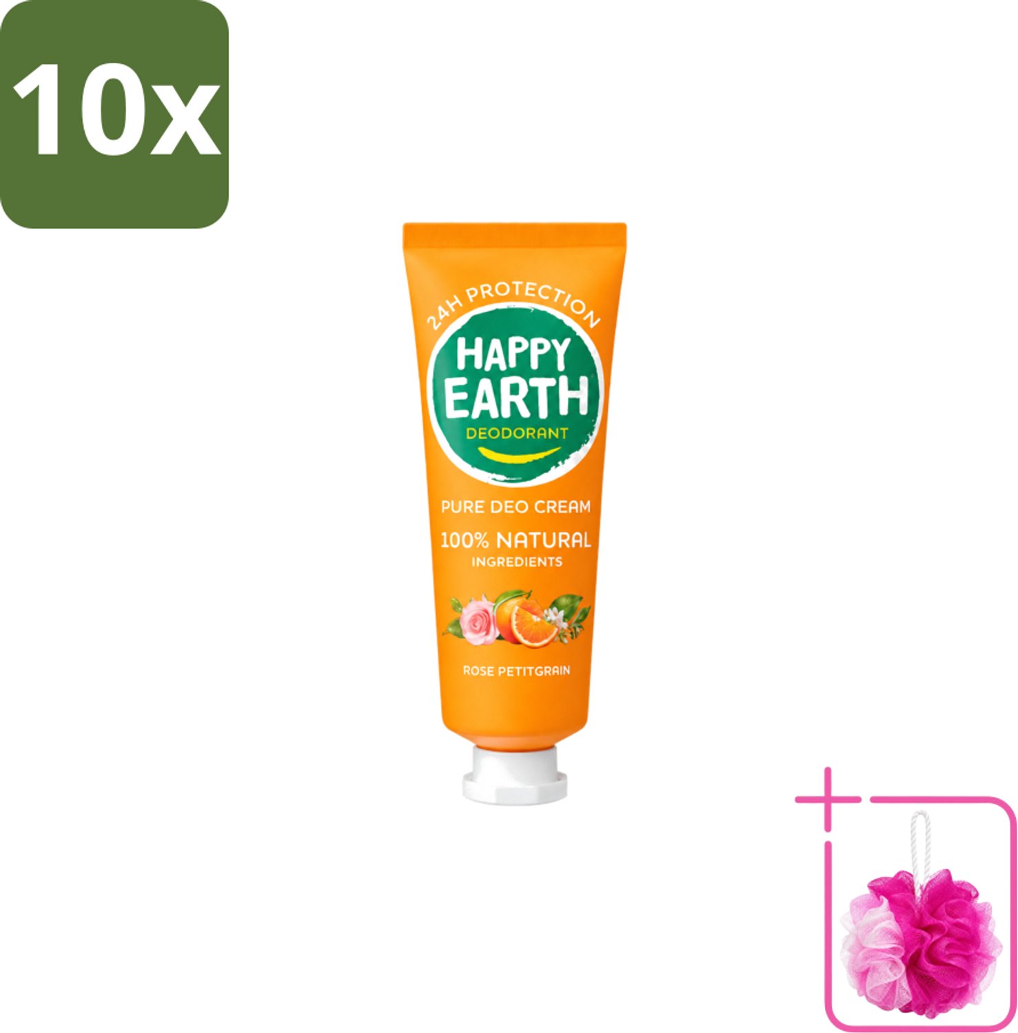 10 x Happy Earth – Deodorant Cream – 100% Natuurlijk Rose Petitgrain – 40 ml - Bulkverpakking - Natuurlijke deodorant - Douchemop - Deodorant crème