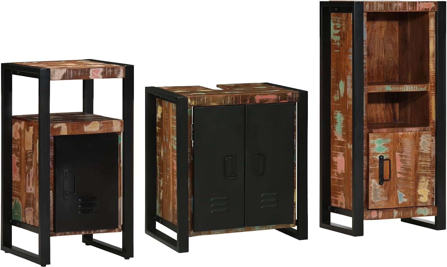 Badkamermeubelset, 3 stuks, van gerecycled hout met wastafelkast, staande kast, wandkast voor woonkamer, opslag, loft-stijl, ijzeren steunen, zwart
