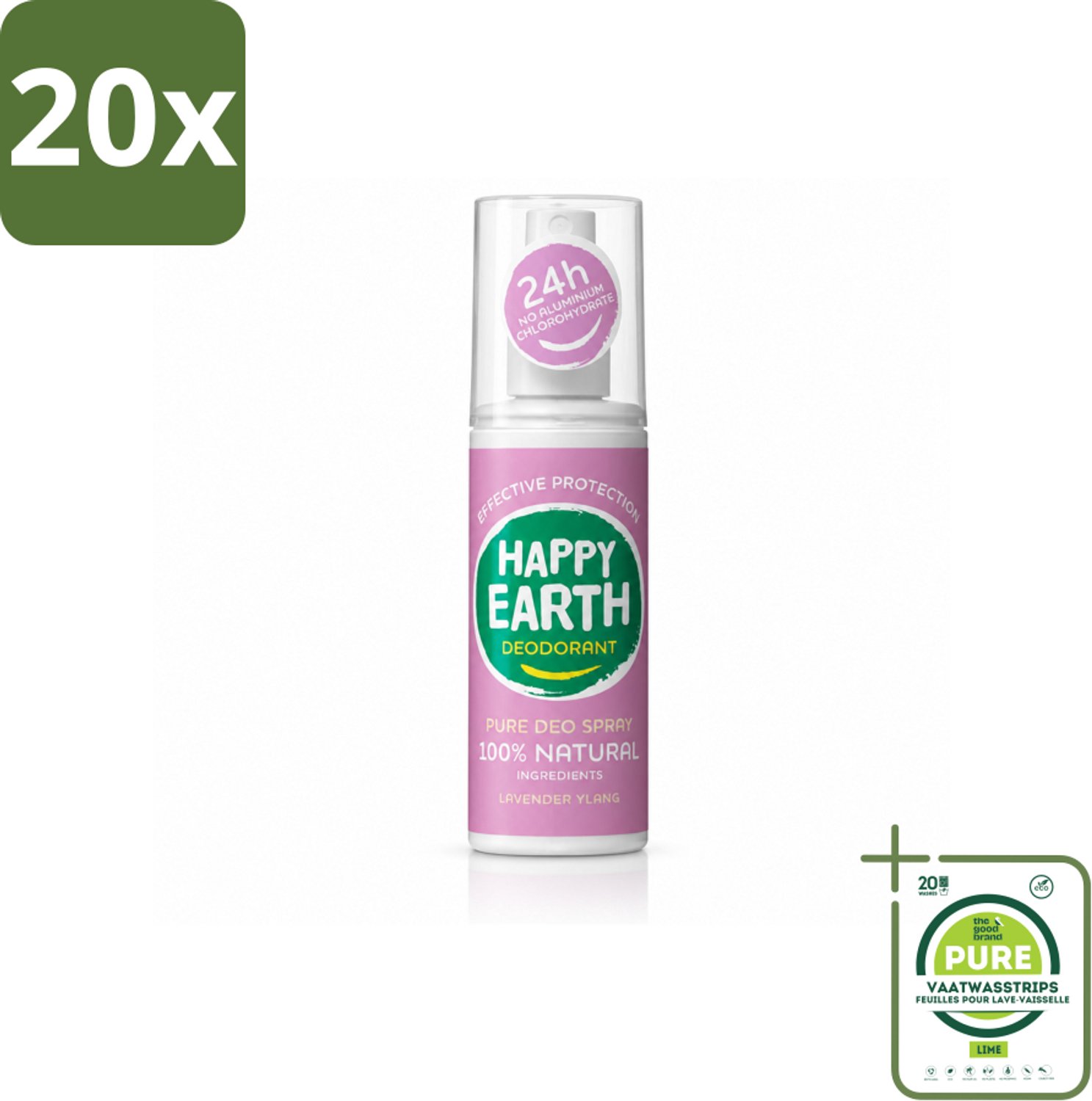 20 x Happy Earth – Deodorant Spray – 100% Natuurlijk Lavender Ylang – 100 ml - Grootverpakking - Vaatwasstrips - Deodorant Spray - Natuurlijke Deodorant - Lavendel En Ylang-ylang - Huidvriendelijk - Vrij Van Aluminium