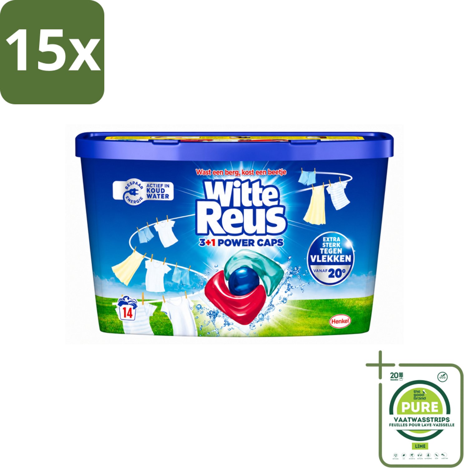 15 x Witte Reus - Wasmiddel - Power Caps 3+1 - 14 Capsules - Grootverpakking - Vaatwasstrips - Wasmiddel - Wascapsule - Reiniging - Witte Wasmiddel - Krachtige Wasmiddel