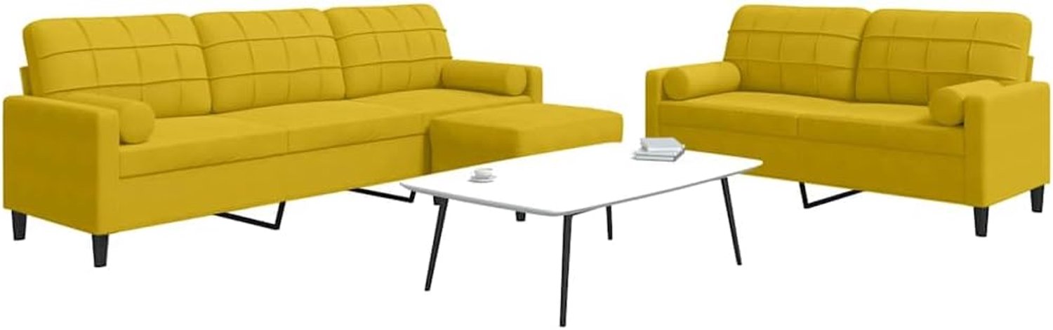3-delig. Bankset met kussens en nekrollen geel fluweel – comfortabel zitmeubel met metalen frame en voetenbank voor de woonkamer Deze bankset biedt een uitstekende