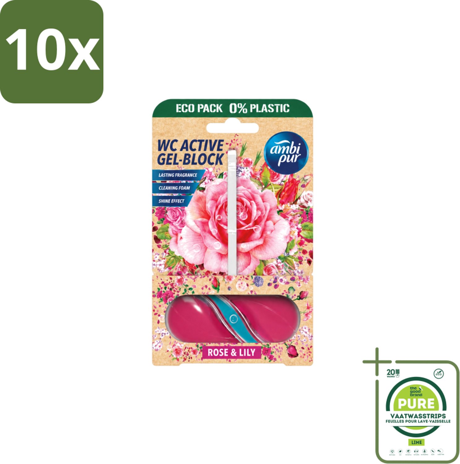 10 x Ambi Pur – Toiletblok – Roos & Lelie – 45 g - Grootverpakking - Vaatwasstrips - Toiletblok Roos En Lelie - Frisse Geur Toilet - Reinigend Toiletblok - Bloemige Geur Badkamer - Kalkaanslag Voorkomen