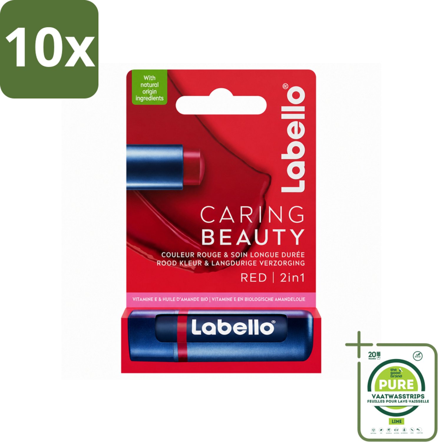 10 x Labello –Lippenbalsem – Caring Beauty Red – 5,5 ml - Grootverpakking - Vaatwasstrips - Lippenbalsem - Verzorging - Rode Tint - Hydraatatie - Natuurlijke Oliën