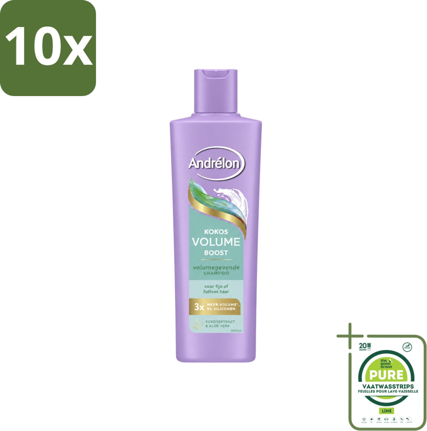 10 x Andrélon – Shampoo – Volume Boost – 250 ml - Grootverpakking - Vaatwasstrips - Haar Volume - Kokos Shampoo - Volume Boost - Fijn Haar - Futloos Haar