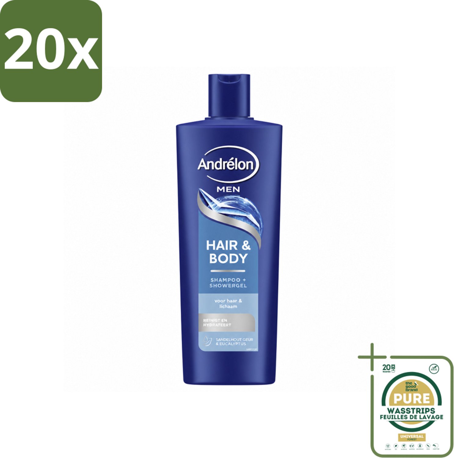 20 x Andrélon – Shampoo – Hair & Body Men – 400 ml - Wasstrips - 2-in-1 Shampoo En Showergel - Haar En Huid Reinigen - Eucalyptus - Sandelhout - Mannelijke Geur