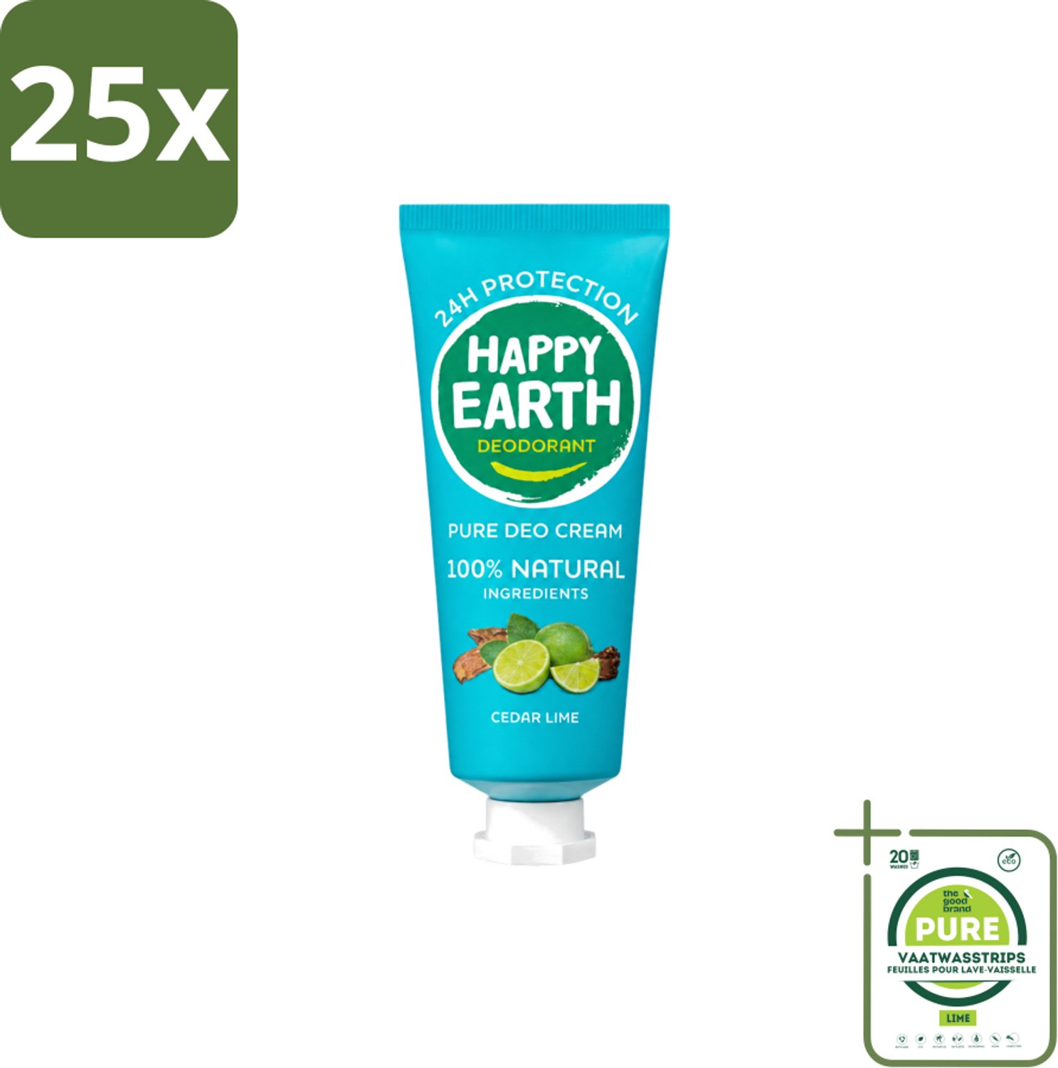 25 x Happy Earth – Deodorant Cream – 100% Natuurlijk Cedar Lime – 40 ml - Grootverpakking - Vaatwasstrips - Natuurlijke Deodorant - Deodorant Crème - Frisse Geur - Cederhout - Limoen
