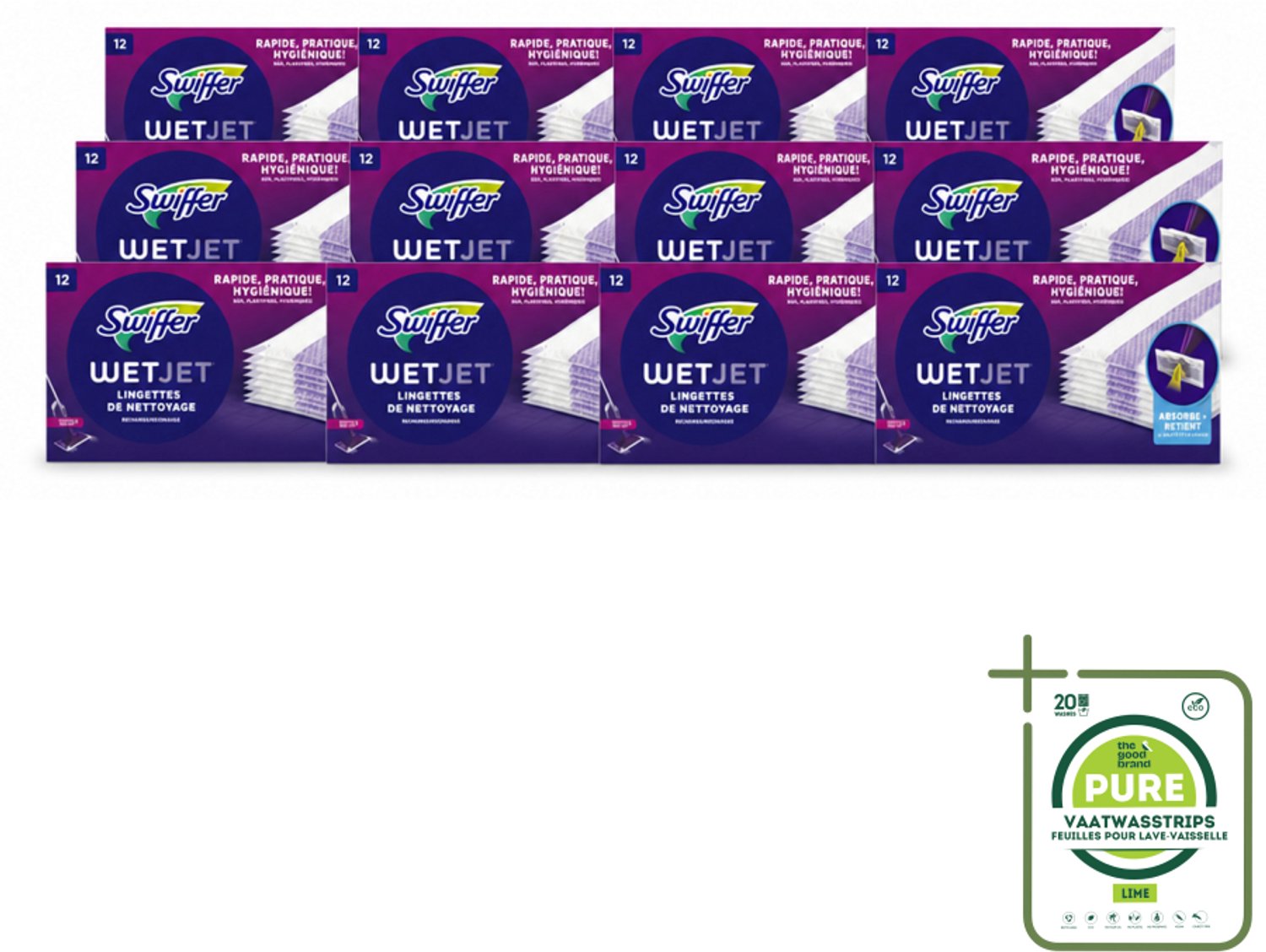 12 x Swiffer - WetJet – Reinigingsdoekjes – Navullingen – 12 doekjes - Grootverpakking - Vaatwasstrips - Absorberende Navuldoekjes - Spraymop Doekjes - Vloer Reinigen - Vuil Opnemen - Vet Opnemen