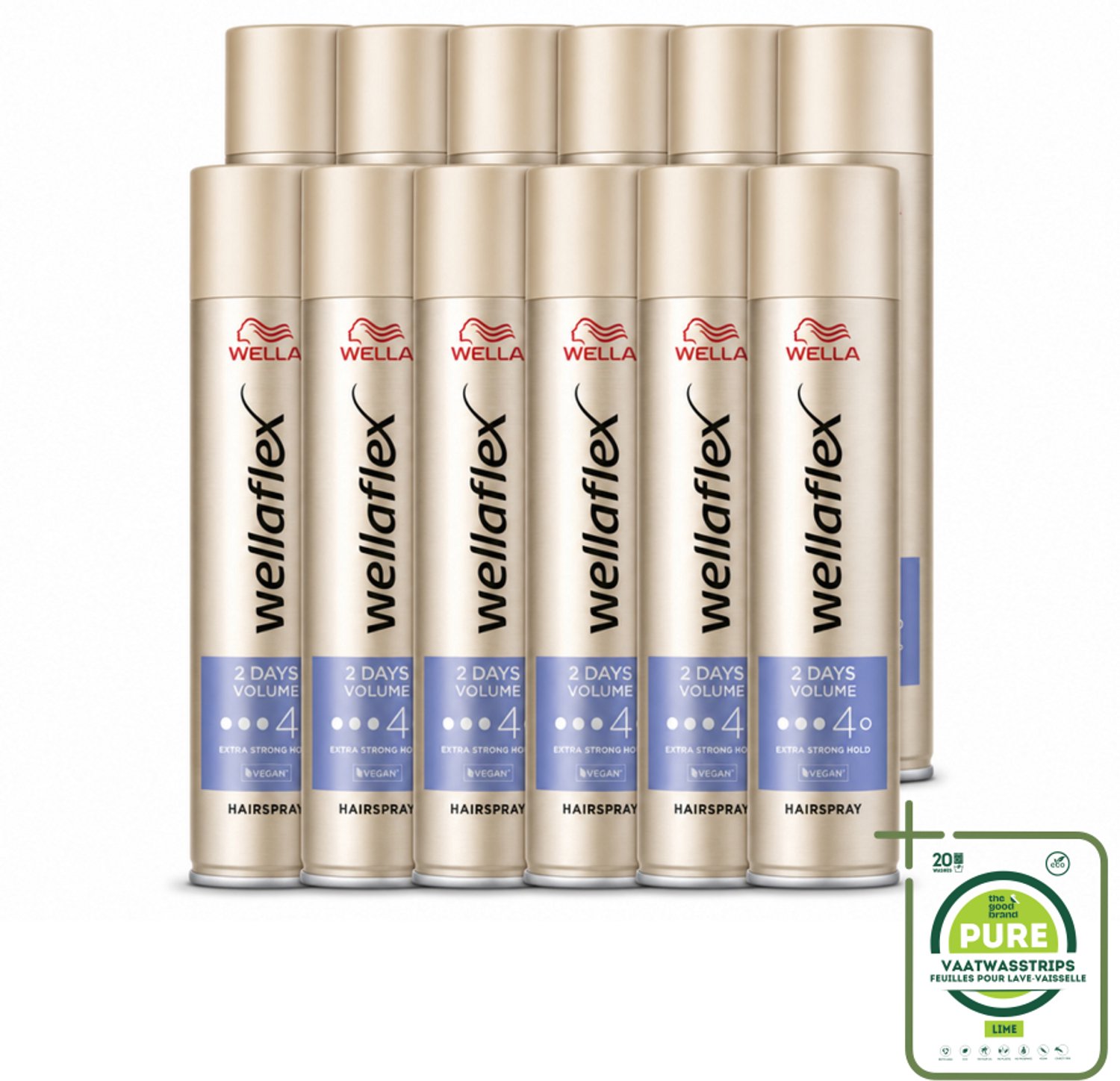 12 x Wella – Flex 2 Days Volume – Haarspray Extra Strong – 400 ml - Grootverpakking - Vaatwasstrips - Haarspray - Volume - Haartype - Fixatie - UV Bescherming