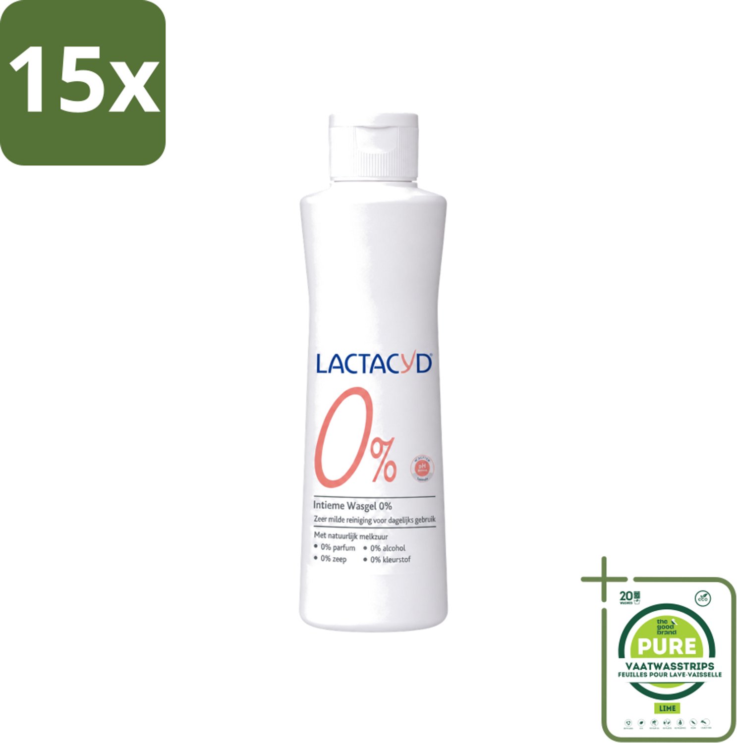15 x Lactacyd – 0% – Milde Wasgel – 250 ml - Grootverpakking - Vaatwasstrips - Intieme Wasgel - Gevoelige Huid - PH-vriendelijk - Zeepvrij - Milde Wasgel