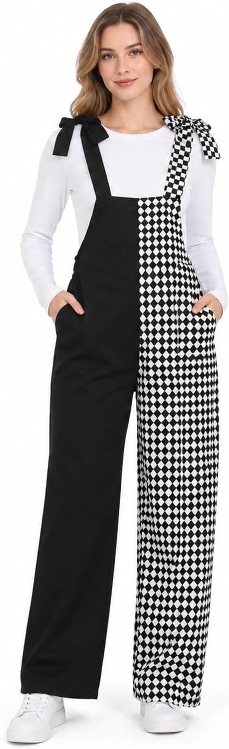Clownoverall met zwart-wit ruitpatroon, nar broek kostuum met strikbandjes voor Halloween party cosplay