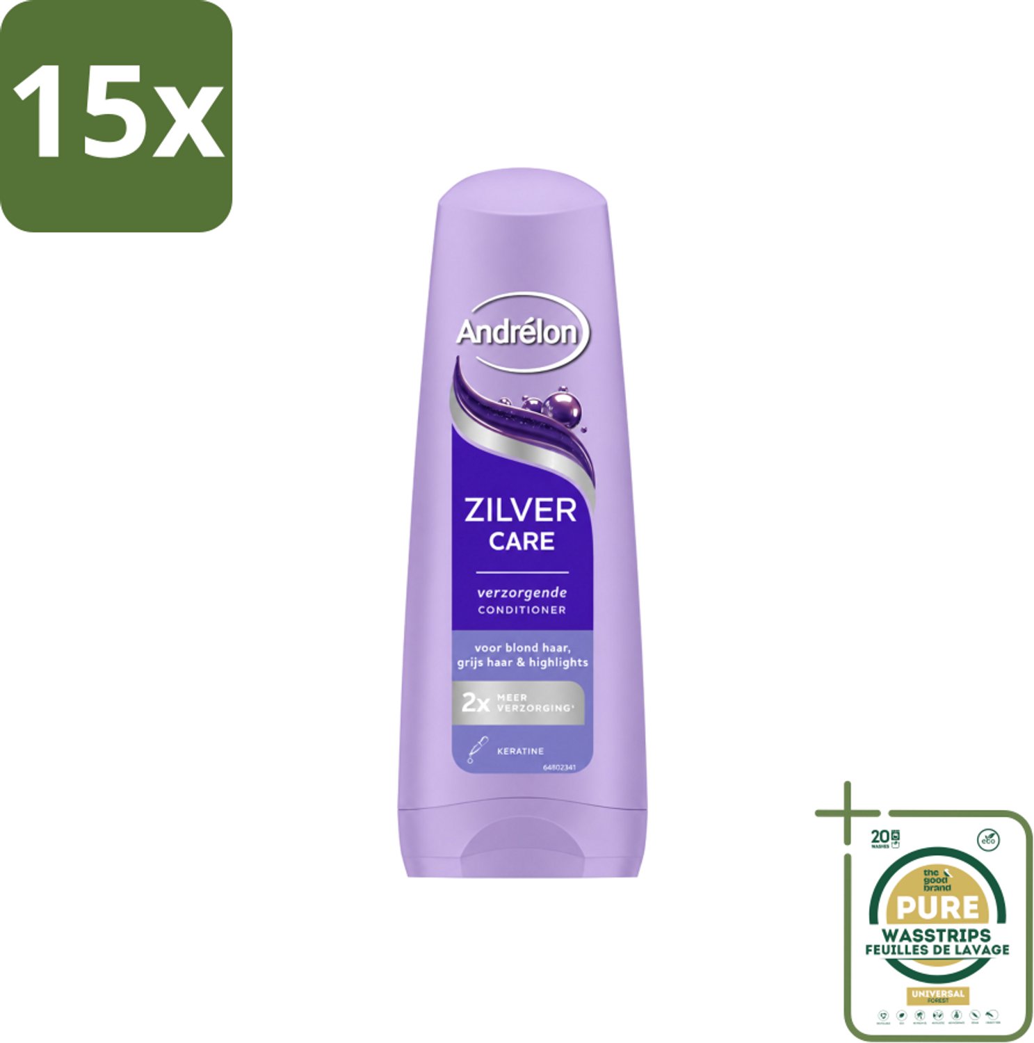 15 x Andrélon – Conditioner – Zilver Care – 200 ml - Wasstrips - Zilver Care Conditioner - Keratine Voor Haar - Verzorging Voor Blond Haar - Verzorging Voor Grijs Haar - Herstel Haar