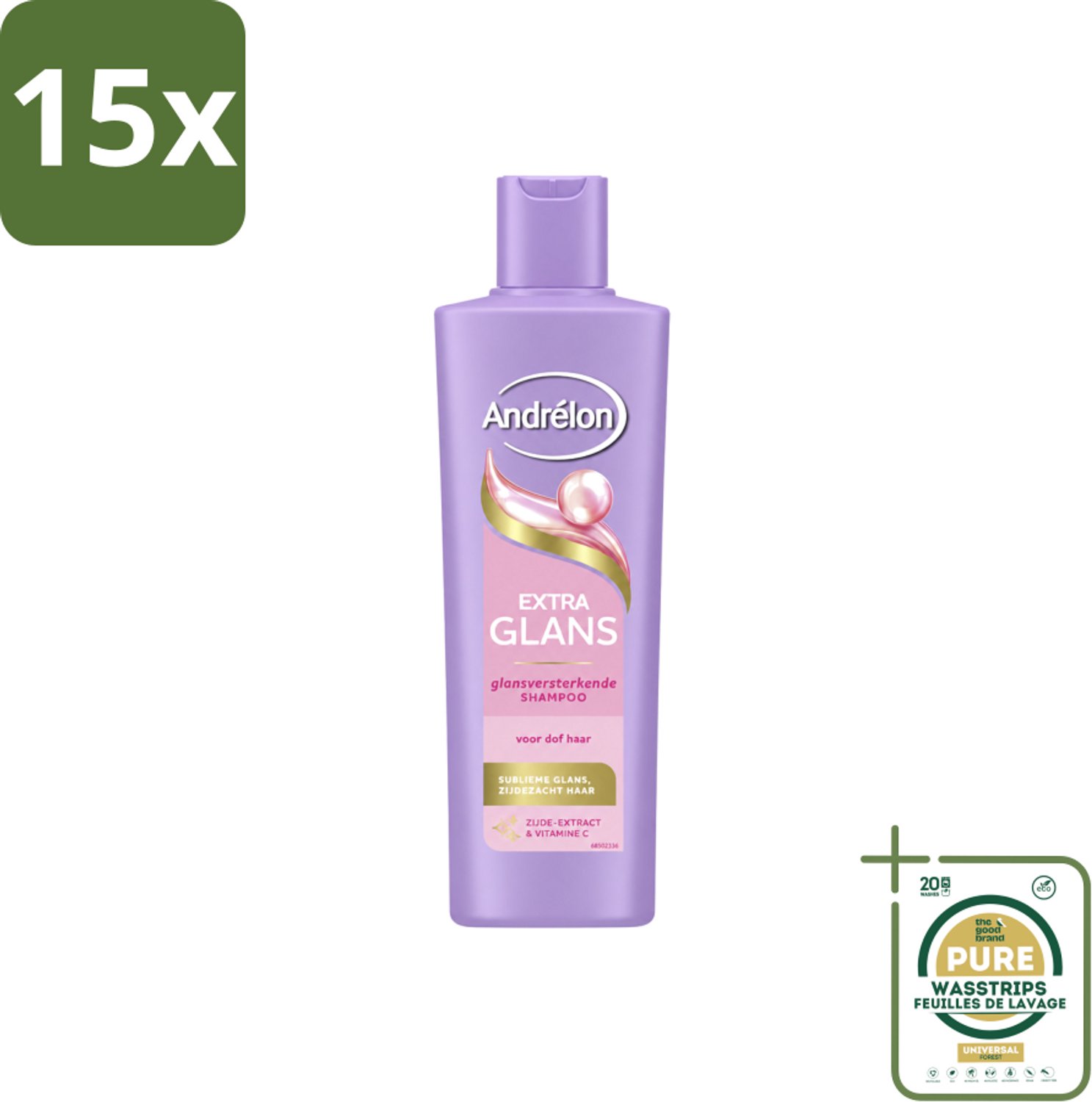 15 x Andrélon – Shampoo – Extra Glans – 250 ml - Wasstrips - Haar Verzorgen - Dof Haar - Glans Haar - Zachte Haar - Haar Reinigen