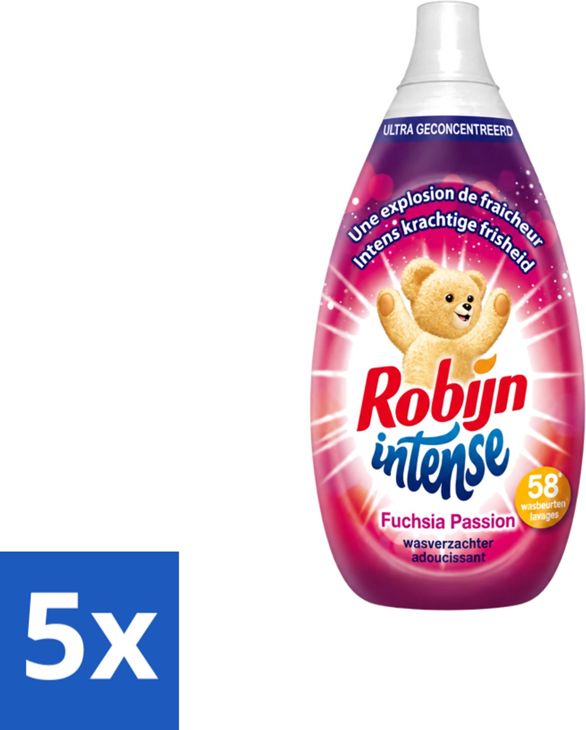 5 x Robijn Intense - Wasverzachter - Intense Fuchsia Passion - 870ml - 58 Wasbeurten - Voordeelverpakking - 5 stuks