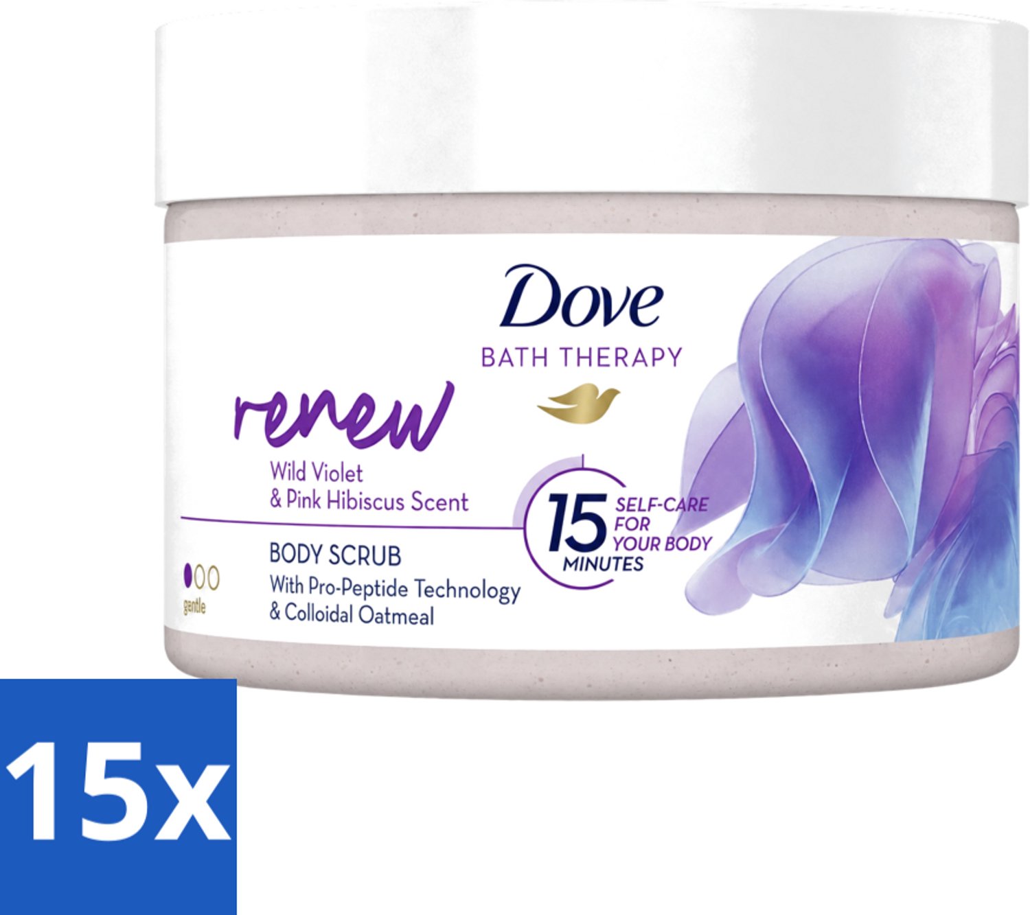15 x Dove Bath Therapy Renew - Bodyscrub - Wilde Viooltjes & Roze Hibiscus - 295 ml - Voordeelverpakking - 15 stuks