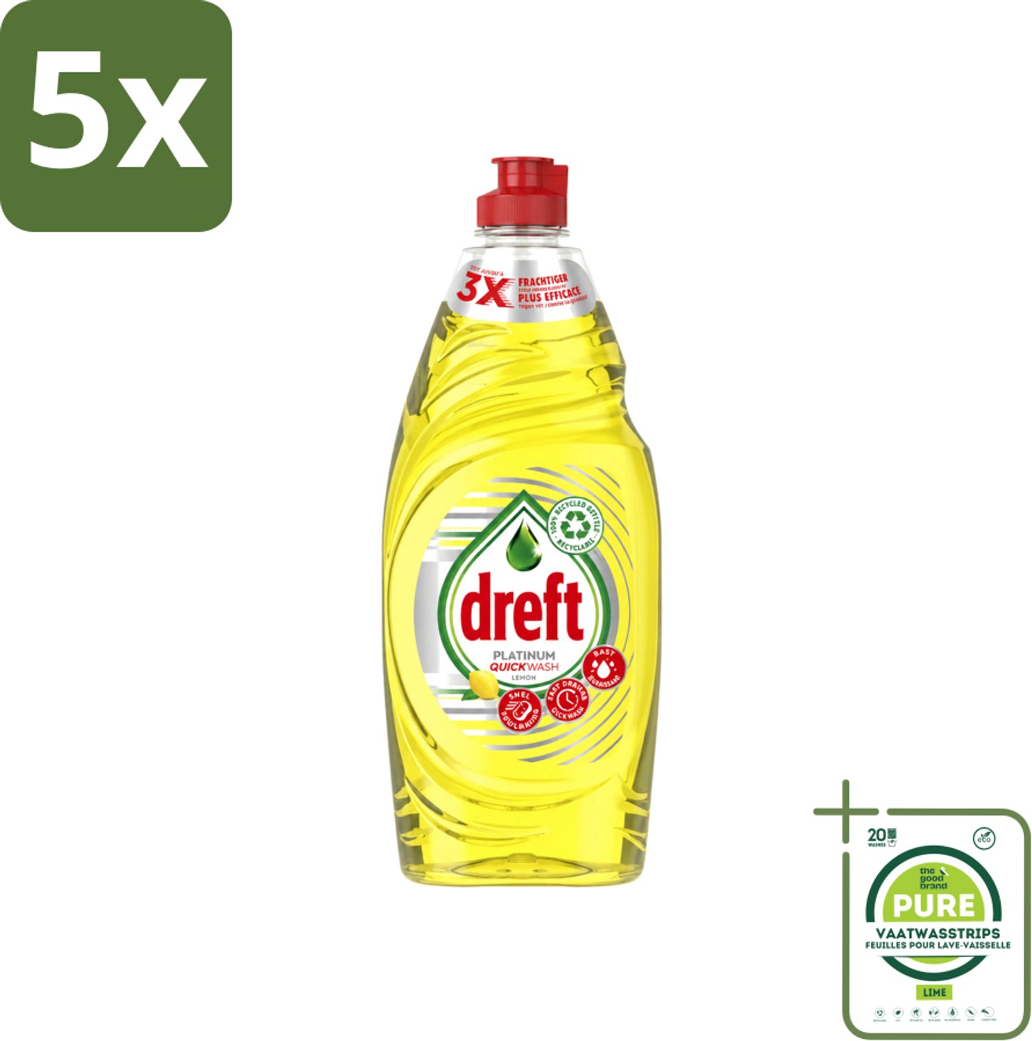 5 x Dreft Platinum Quickwash - Vloeibaar Afwasmiddel - Citroen- 625 ml - Grootverpakking - Vaatwasstrips - Snel Reinigen - Vaat Reinigen - Citroengeur - Vetresten Verwijderen - Afwasmiddel