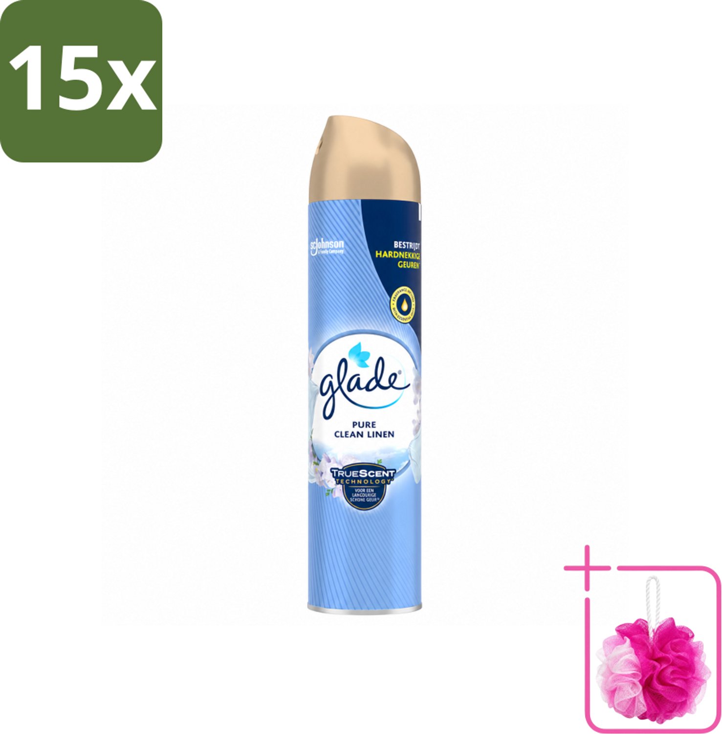 15 x Glade – Luchtverfrisser Spray – Pure Clean Linen – 300 ml - Bulkverpakking - Luchtverfrisser linnen geur - Douchemop - Frisse luchtverfrisser spray