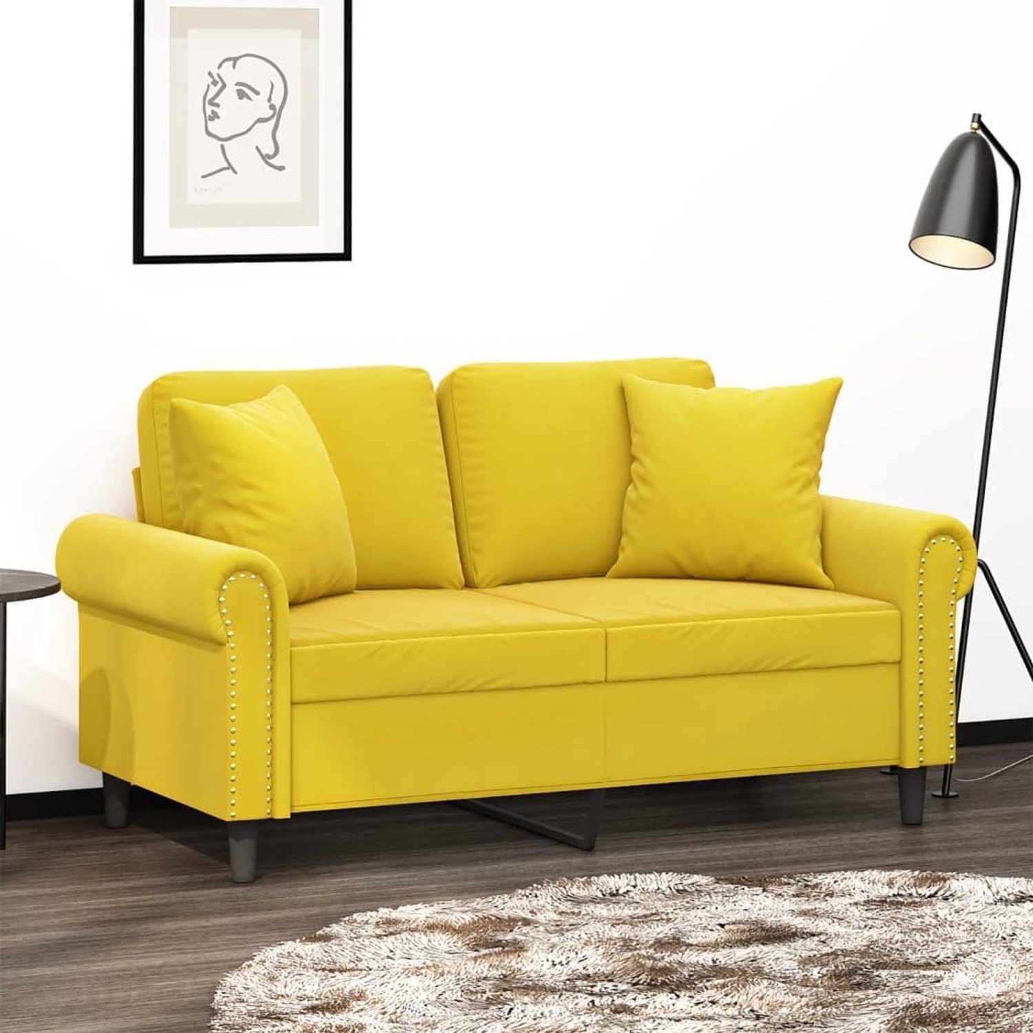 2-zitsbank, 120 cm, geel fluweel met sierkussens, comfortabel gestoffeerde meubels voor woonkamer met zacht velours, robuust metalen frame en comfortabele zitting