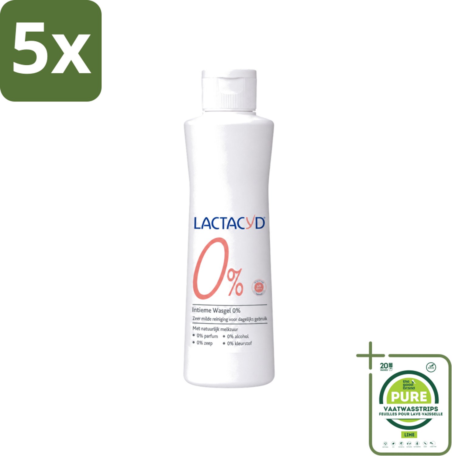 5 x Lactacyd – 0% – Milde Wasgel – 250 ml - Grootverpakking - Vaatwasstrips - Intieme Wasgel - Gevoelige Huid - PH-vriendelijk - Zeepvrij - Milde Wasgel
