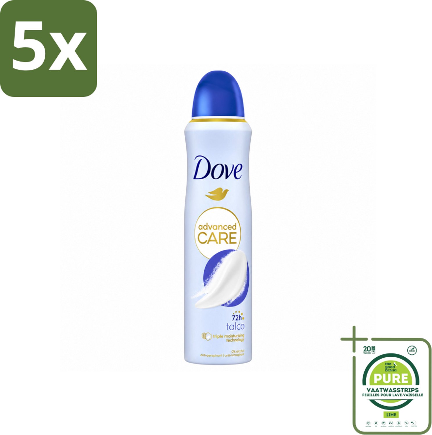5 x Dove – Deodorant Spray – Talco – 150 ml - Grootverpakking - Vaatwasstrips - Anti-transpirant - Deodorant Spray - Zweetbestendig - Geur Van Talco - Huidbescherming
