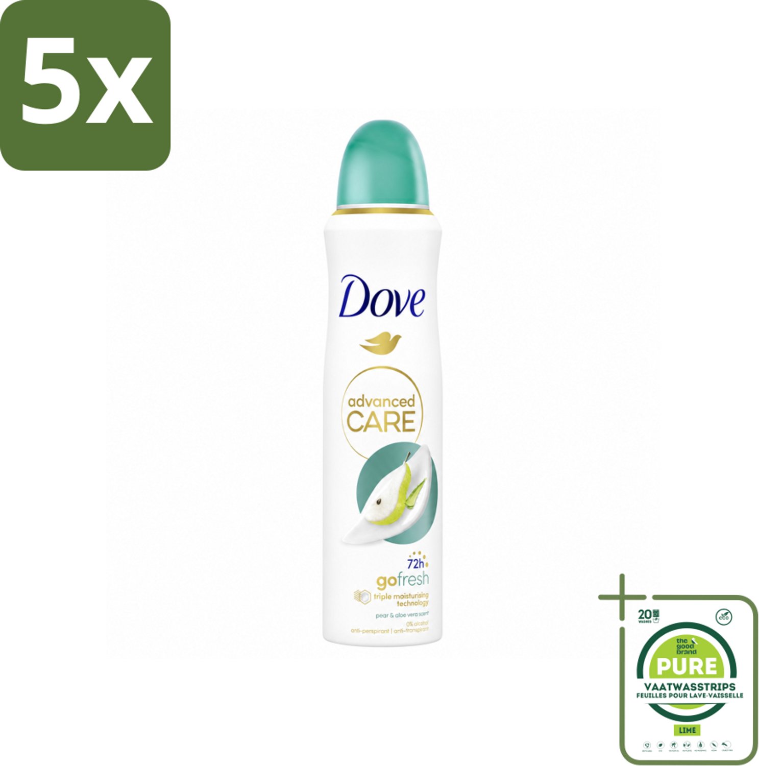 5 x Dove – Deodorant Spray – Peer & Aloe Vera – 150 ml - Grootverpakking - Vaatwasstrips - Anti-transpirant - Deodorant Spray - Zweetvermindering - Frisse Geur - Huidverzorging