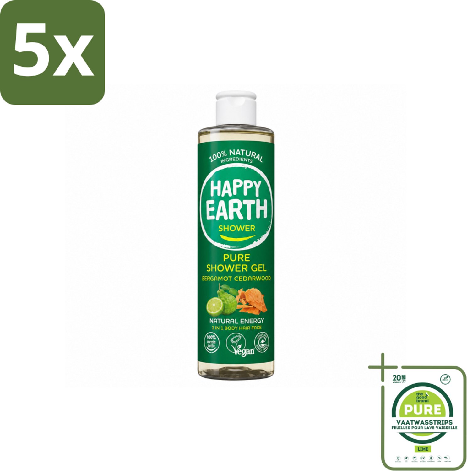5 x Happy Earth – Douchegel – 100% Natuurlijk Bergamot Cedarwood – 300 ml - Grootverpakking - Vaatwasstrips - Douchegel Bergamot Cederhout - Natuurlijke Douchegel - Vegan Douchegel - Biologische Douchegel - Huidvriendelijke Douchegel