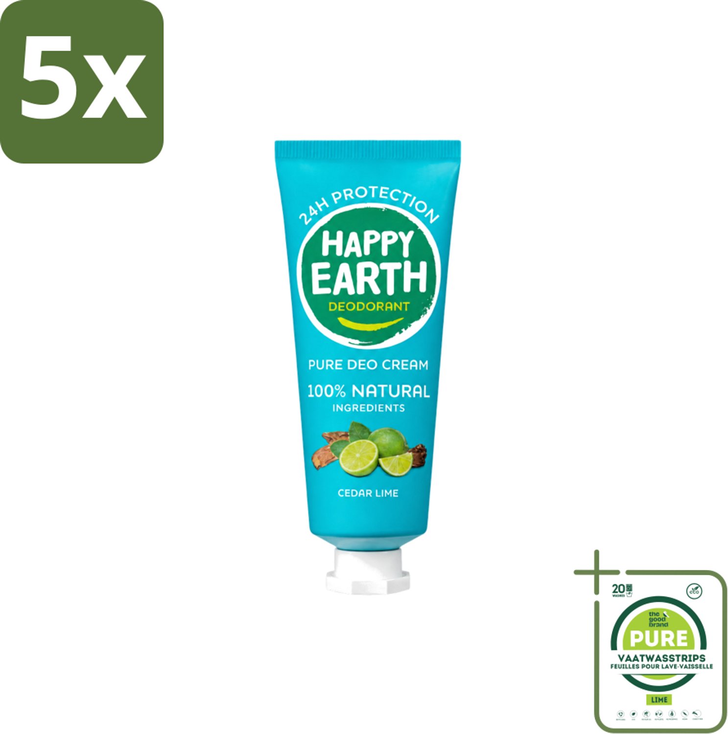 5 x Happy Earth – Deodorant Cream – 100% Natuurlijk Cedar Lime – 40 ml - Grootverpakking - Vaatwasstrips - Natuurlijke Deodorant - Deodorant Crème - Frisse Geur - Cederhout - Limoen