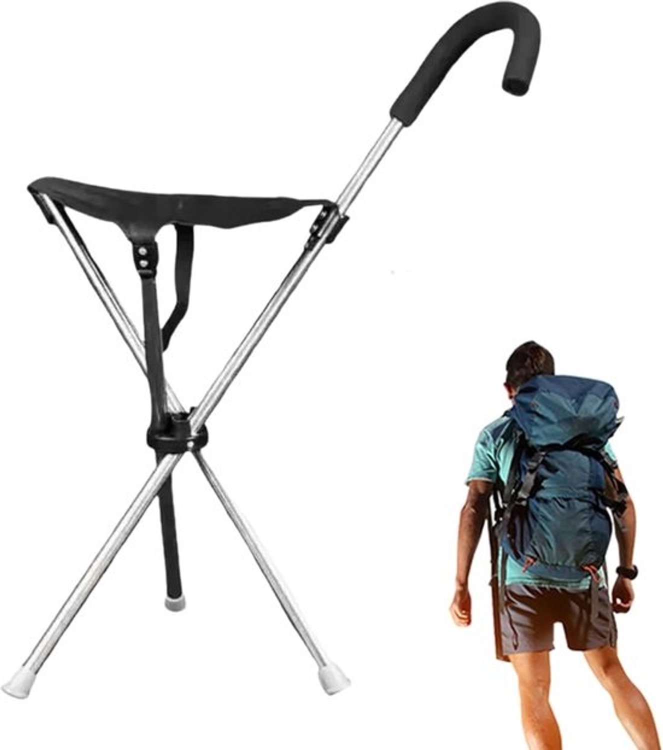 Wandelstok met zitje - Opvouwbare zitstok - Comfort tijdens het wandelen - Ergonomische drukverlichting - 66 cm lang - Zwart