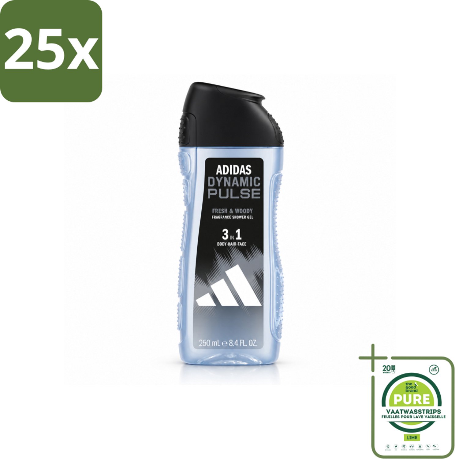 25 x Adidas – Douchegel 3-in-1 – Dynamic Pulse – 250 ml - Grootverpakking - Vaatwasstrips - Douchegel - Sportieve Geur - Munt - Energie - Frisheid