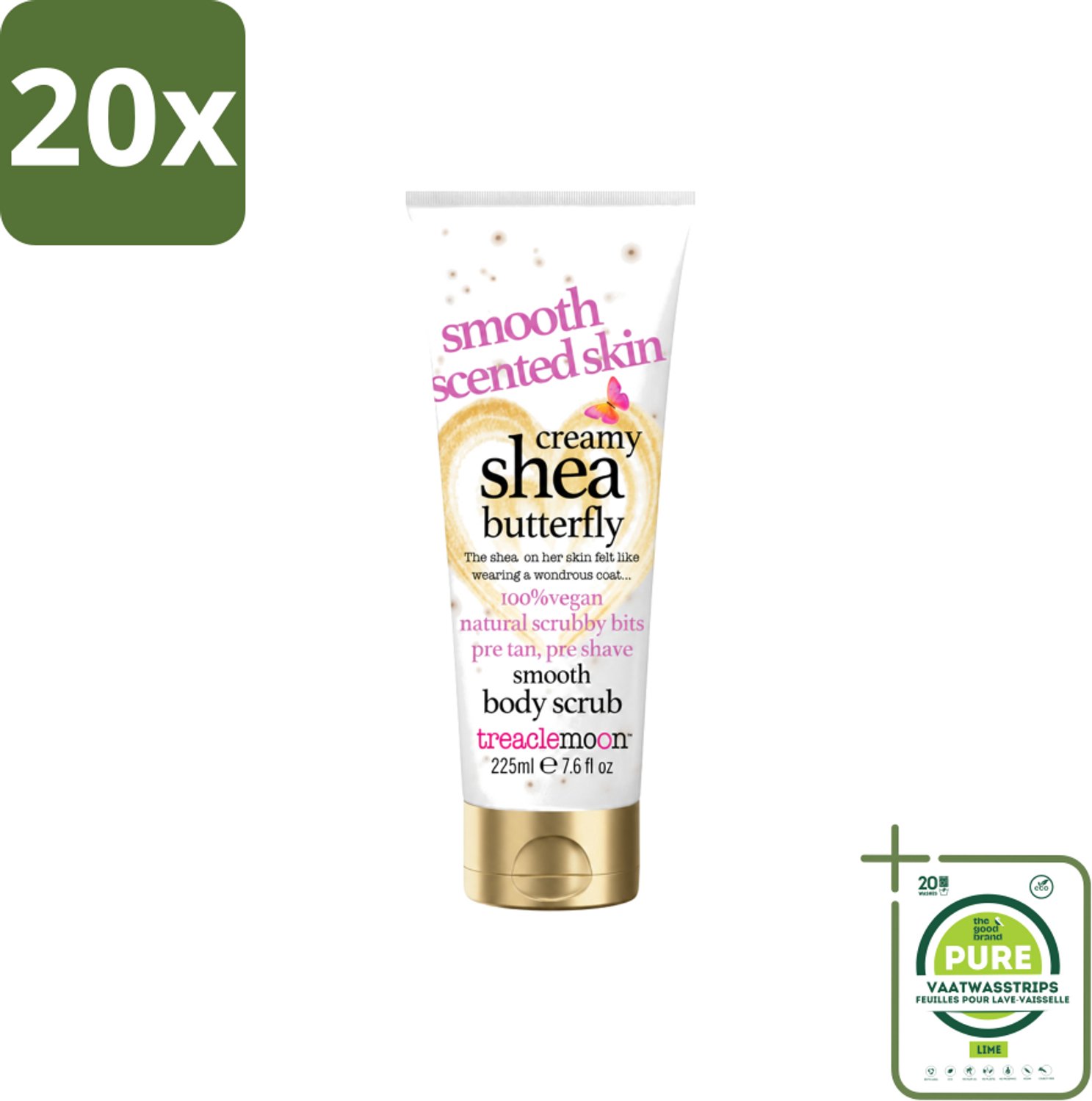 20 x Treaclemoon – Body Scrub – Creamy Shea Butterfly – 225 ml - Grootverpakking - Vaatwasstrips - Body Scrub - Exfoliatie - Shea Butter - Kokosnoot - Huid Verzorging
