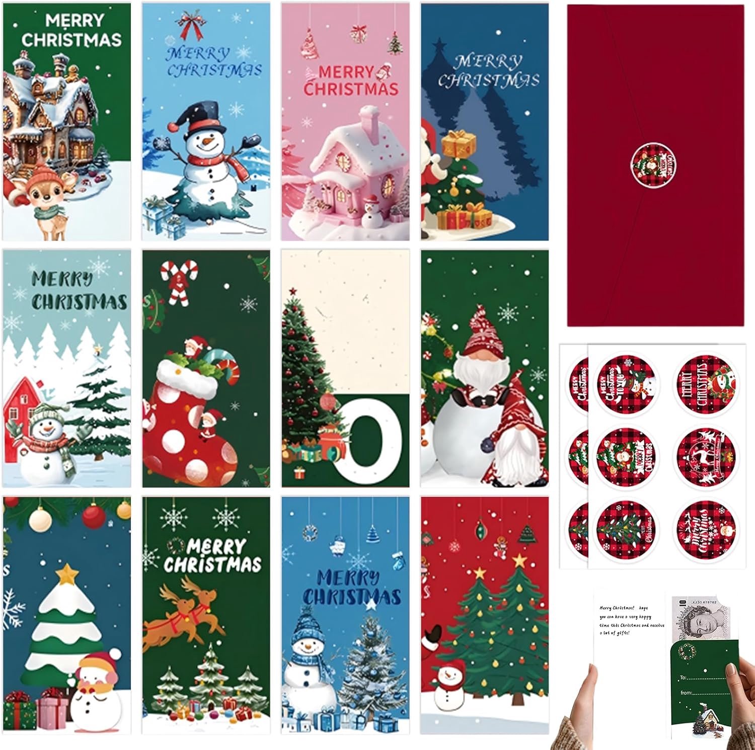 12 kerstkaarten met enveloppen en stickers, kerstkaarten gevouwen