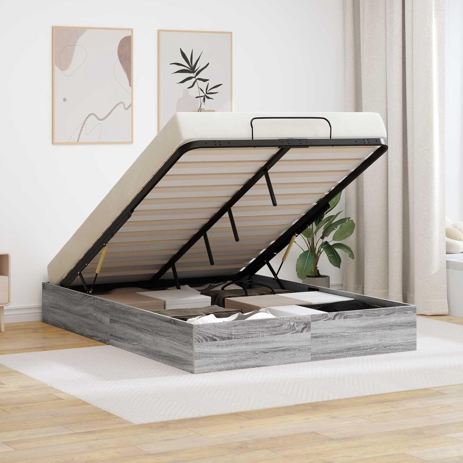Houten frame Opbergbed met gaslift Moderne stijl 150 x 200 cm Grijs