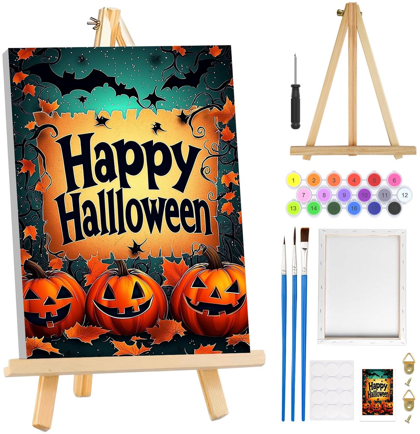 Schilderen op Nummer Halloween - Schilderen op Nummer Volwassenen - Canvas Set - Houten Ezel - Doe-Het-Zelf Olieverfschilderij - Inclusief Penselen - Doe-het-zelf Schilderij