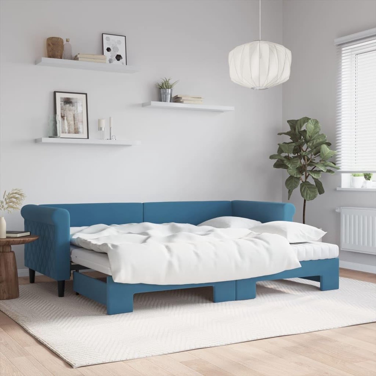Uittrekbaar met matrassen, blauw, 80 x 200 cm, fluweel, hotelbedframe, bedframe voor woonkamer, slaapkamer, geschikt voor slaapkamer