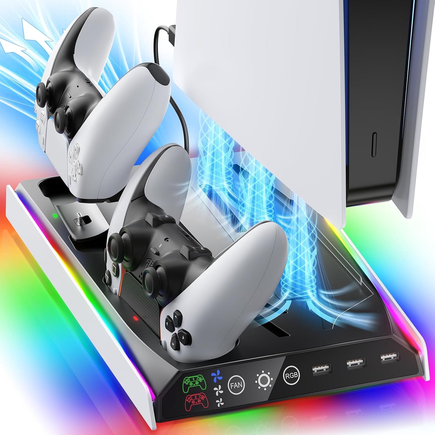 PS5/Slim/Pro-standaard met verstelbare koelventilator, verticale PS5-koelladerstandaard voor PS5/Slim/Pro, multifunctioneel PS5 Slim koelstation met dubbele controllerladers en RGB-licht