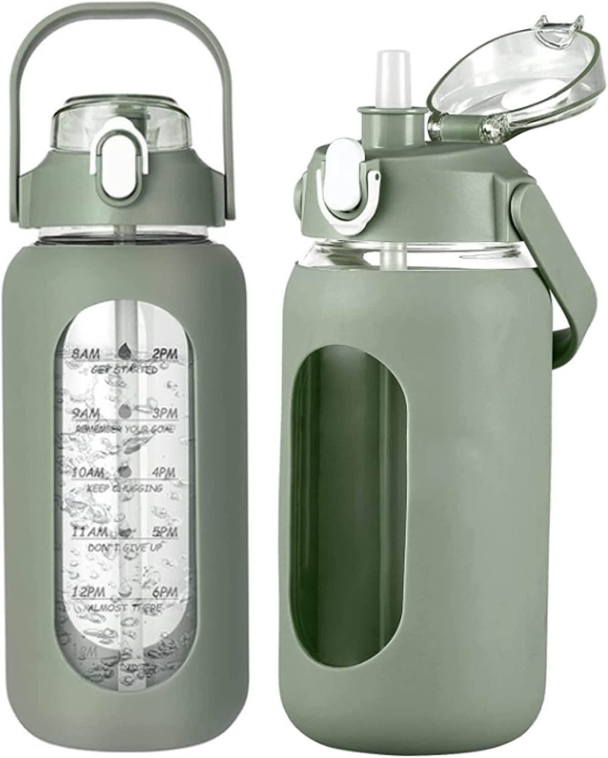 Drinkfles van 32 oz met rietje, glazen waterflessen met tijdmarkering en siliconen hoes, motiverende sportdrinkfles voor school, kantoor, groen, waterflessen, waterflessen met rietje, glas Wa