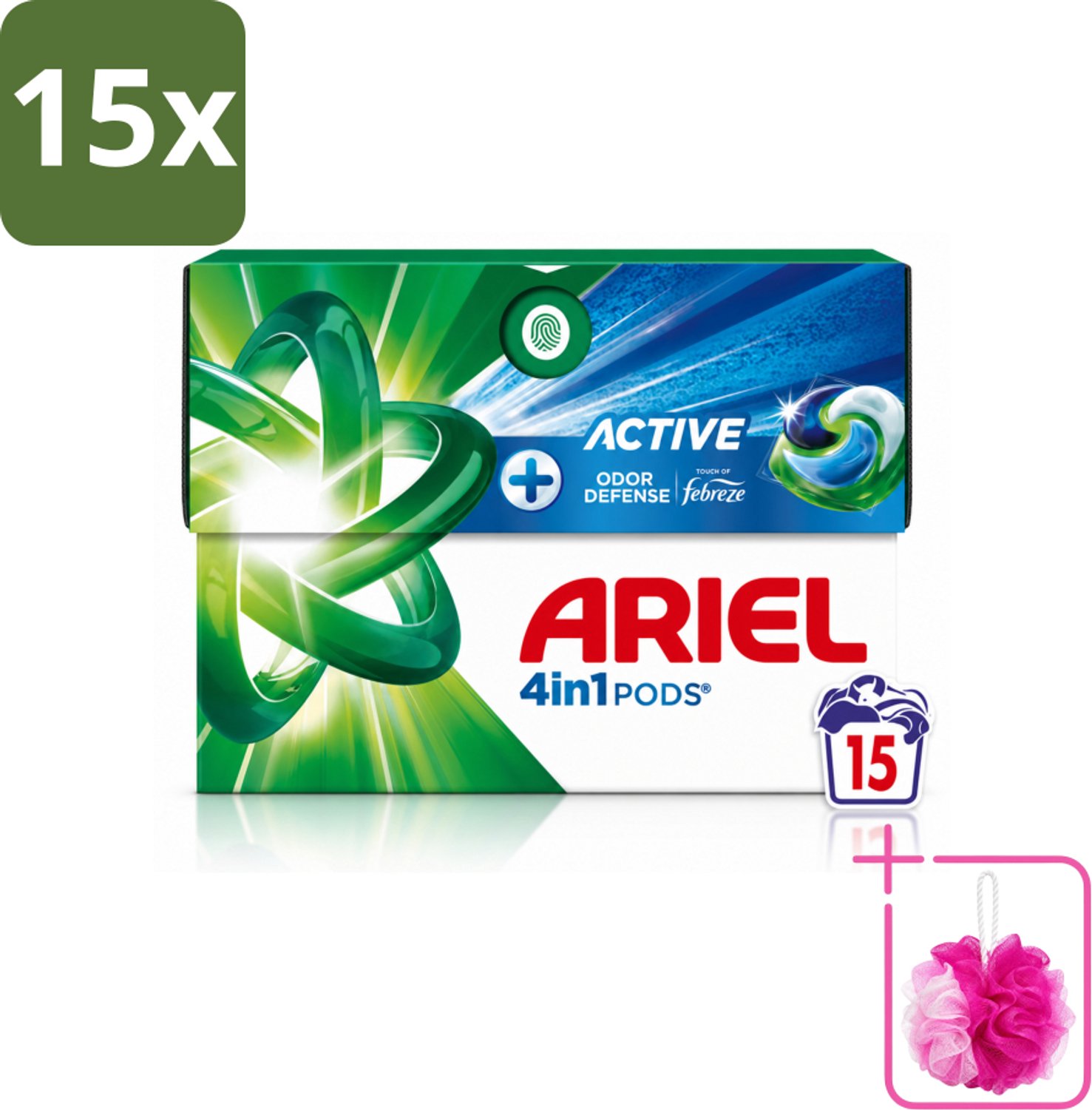 15 x Ariel - 4in1 Wasmiddel Pods - Actieve Geurbestrijding - 15 Pods - Bulkverpakking - Wasmiddel pod - Douchemop - Geurverzorging