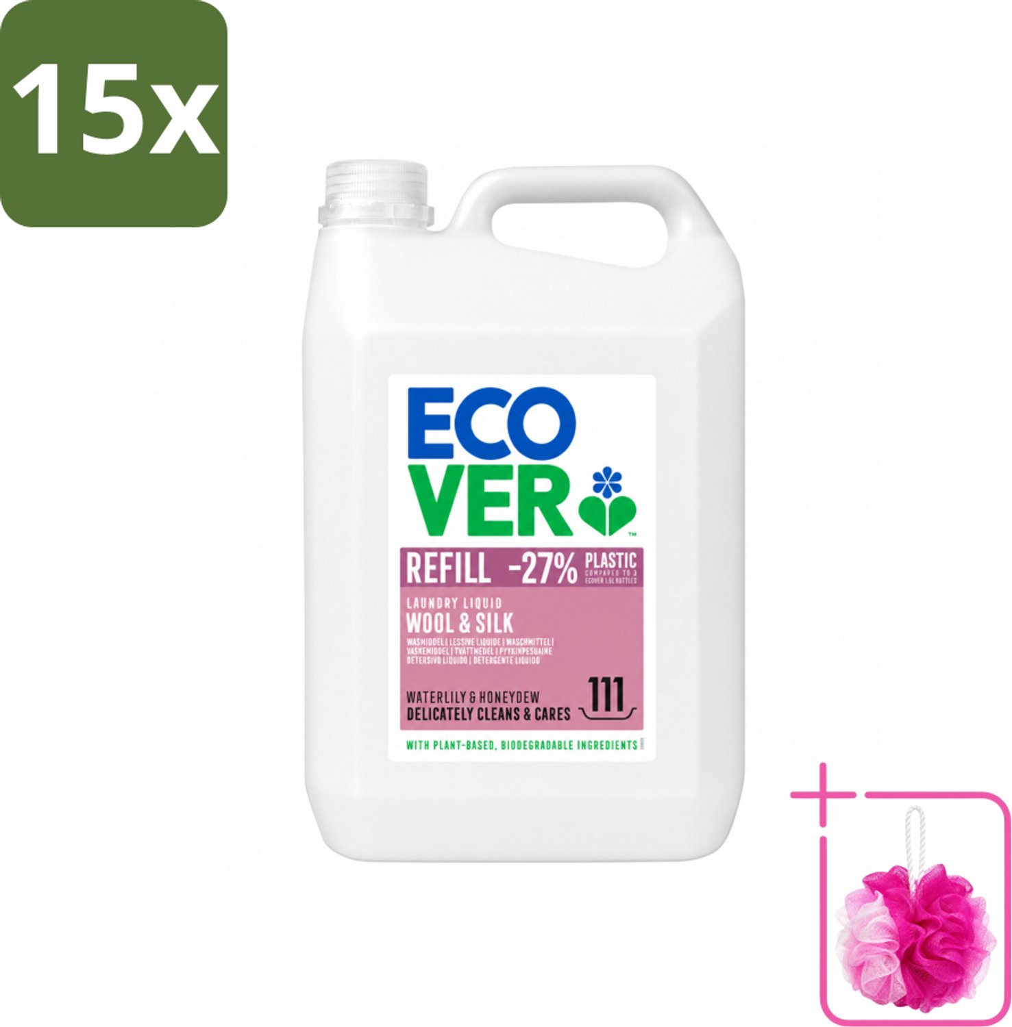 15 x Ecover - Vloeibaar wasmiddel - Wol & Fijnwas - Waterlelie & Honingmeloen - 5 liter - 111 wasbeurten - Bulkverpakking - Fijnwas - Douchemop - Wolwas