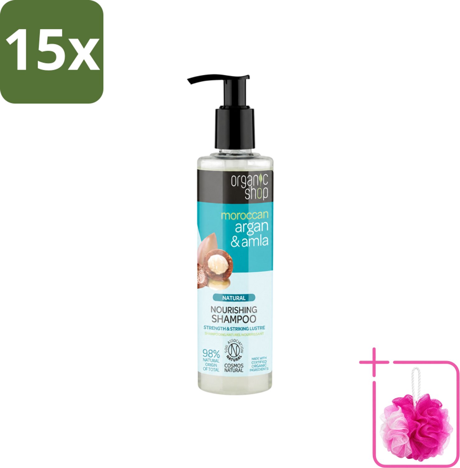 15 x Organic Shop - Natural Nourishing Shampoo - Argan Hair & Amla - Herstellend en Voedend - 280 ml - Bulkverpakking - Argan haar shampoo - Douchemop - Amla haar shampoo