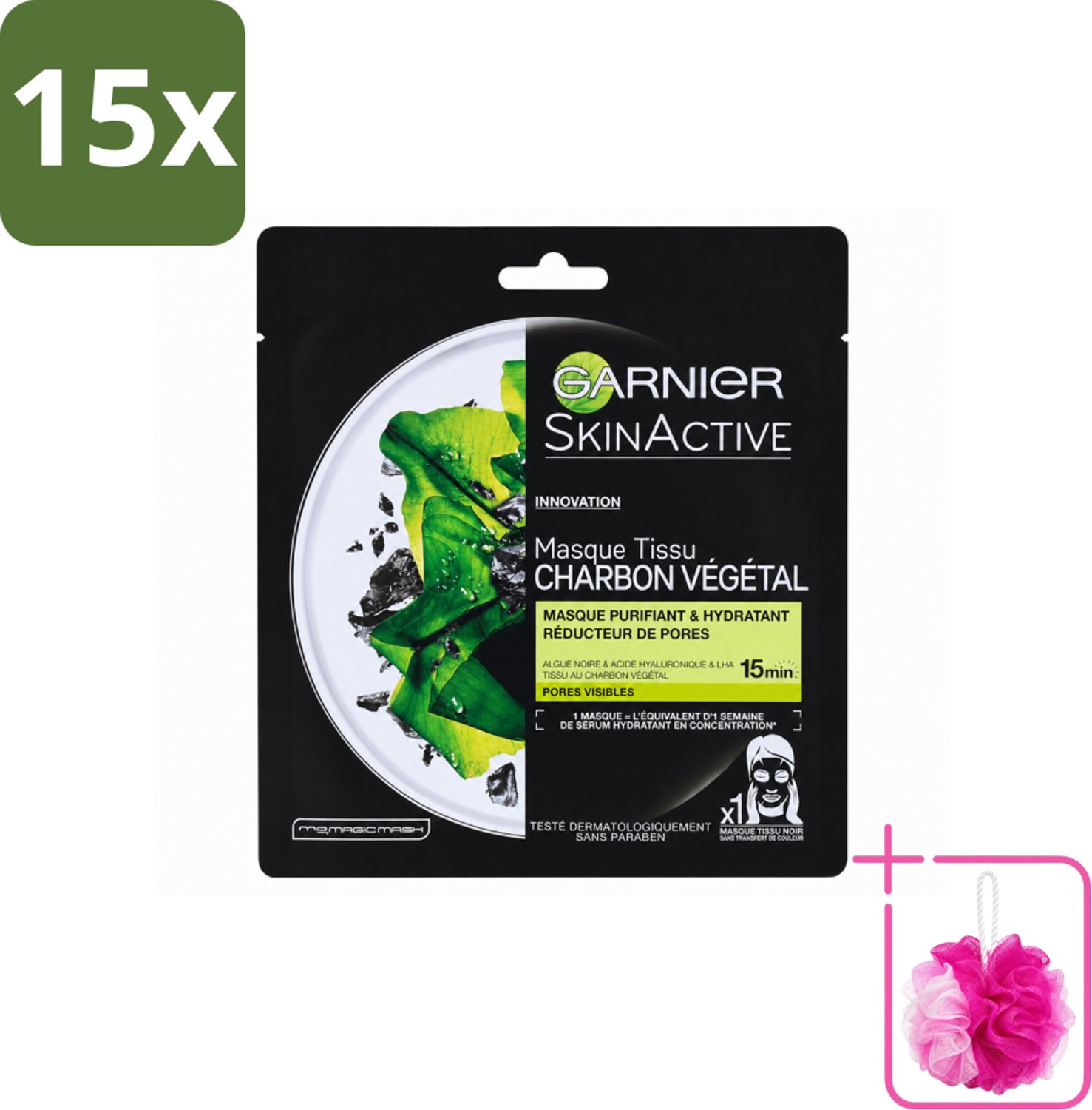15 x Garnier - SkinActive - Tissue Masker - Charcoal - 1 Gezichtsmasker - Bulkverpakking - Huid zuiveren - Douchemop - Huid hydrateren
