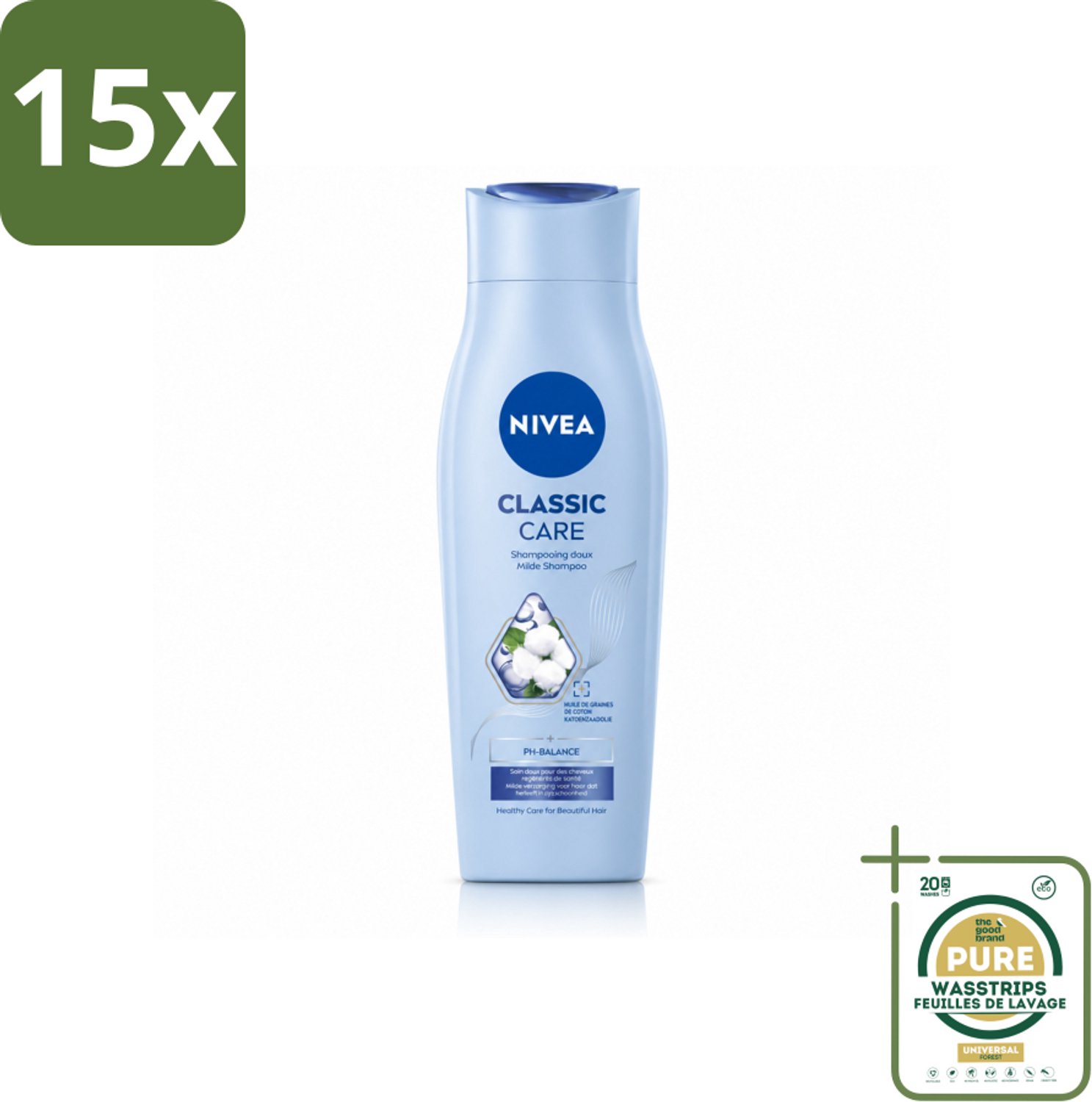 15 x NIVEA - Shampoo - Klassieke Verzorging - Gezonde Zorg - Glanzend Haar - 250 ml - Wasstrips - Shampoo Voor Haar - Gezond Haar - Glanzend Haar - Verzorgend Shampoo - Dagelijks Shampoo