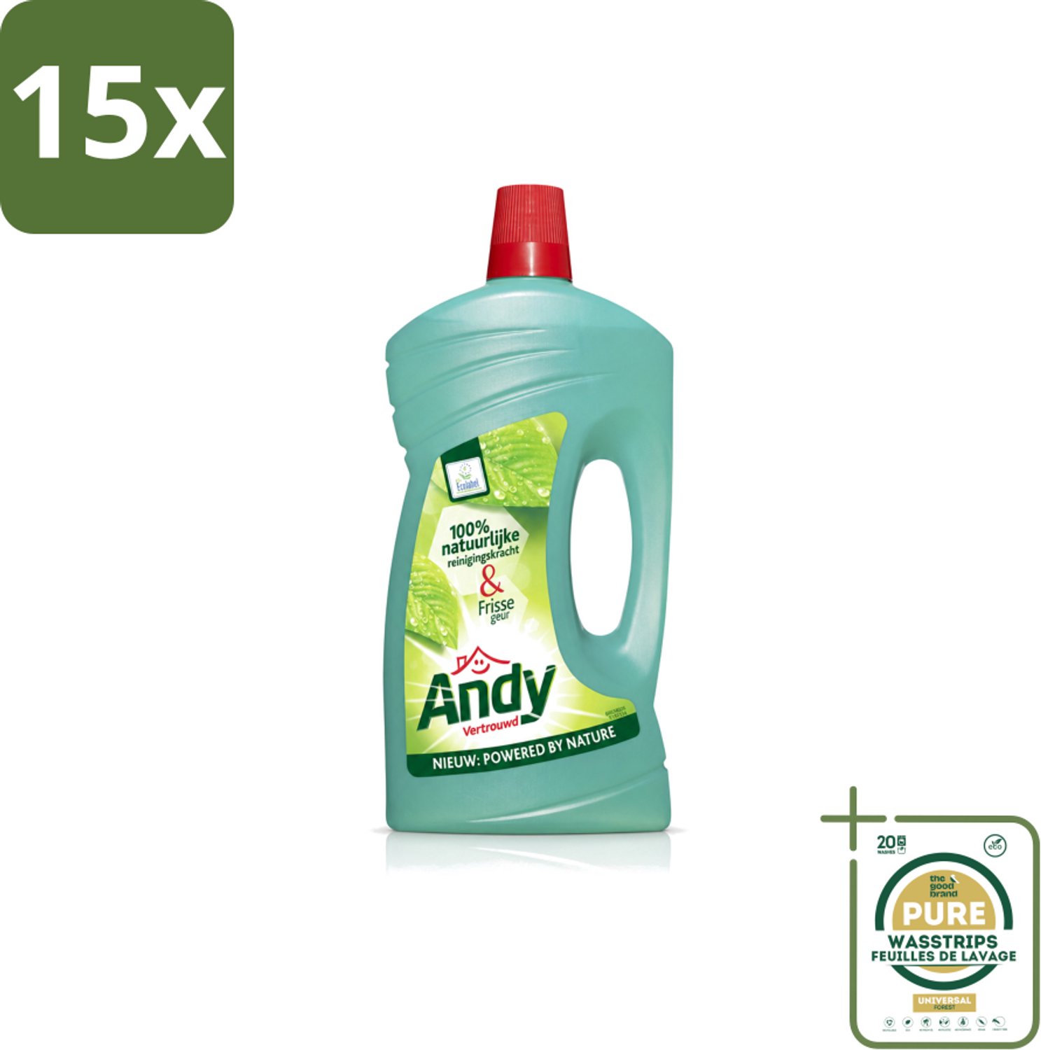 15 x Andy - Vertrouwd - Allesreiniger - Fris & Vertrouwd - 1L - Wasstrips - Allesreiniger - Natuurlijke Reiniger - Fris Aroma - Huishoudelijke Reiniger - Hardnekkig Vuil Verwijderen