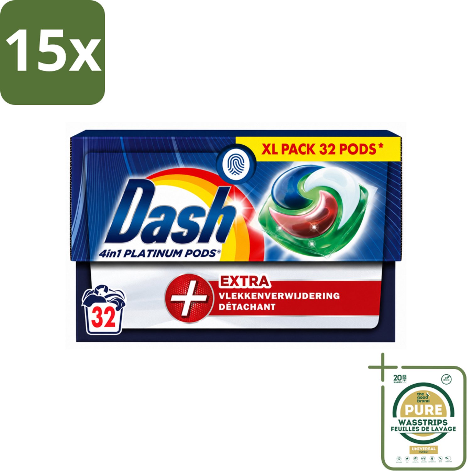 15 x Dash - 4in1 Pods +Extra Vlekkenverwijderaar - Wasmiddelcapsules - Intensieve Reiniging - 32 Wasbeurten - Wasstrips - Wasmiddel - Wascapsules - Vlekkenverwijderaar - Intensieve Was - 4 In 1 Wasmiddel