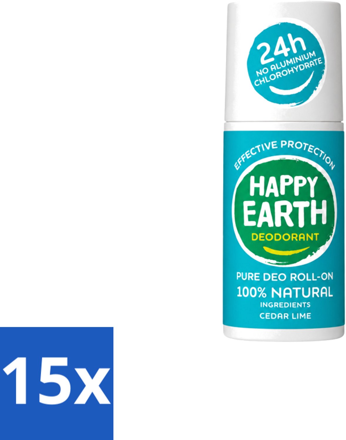 15 x Happy Earth – Deodorant Roll-On – 100% Natuurlijk Cedar Lime – 75 ml - Voordeelverpakking - 15 stuks